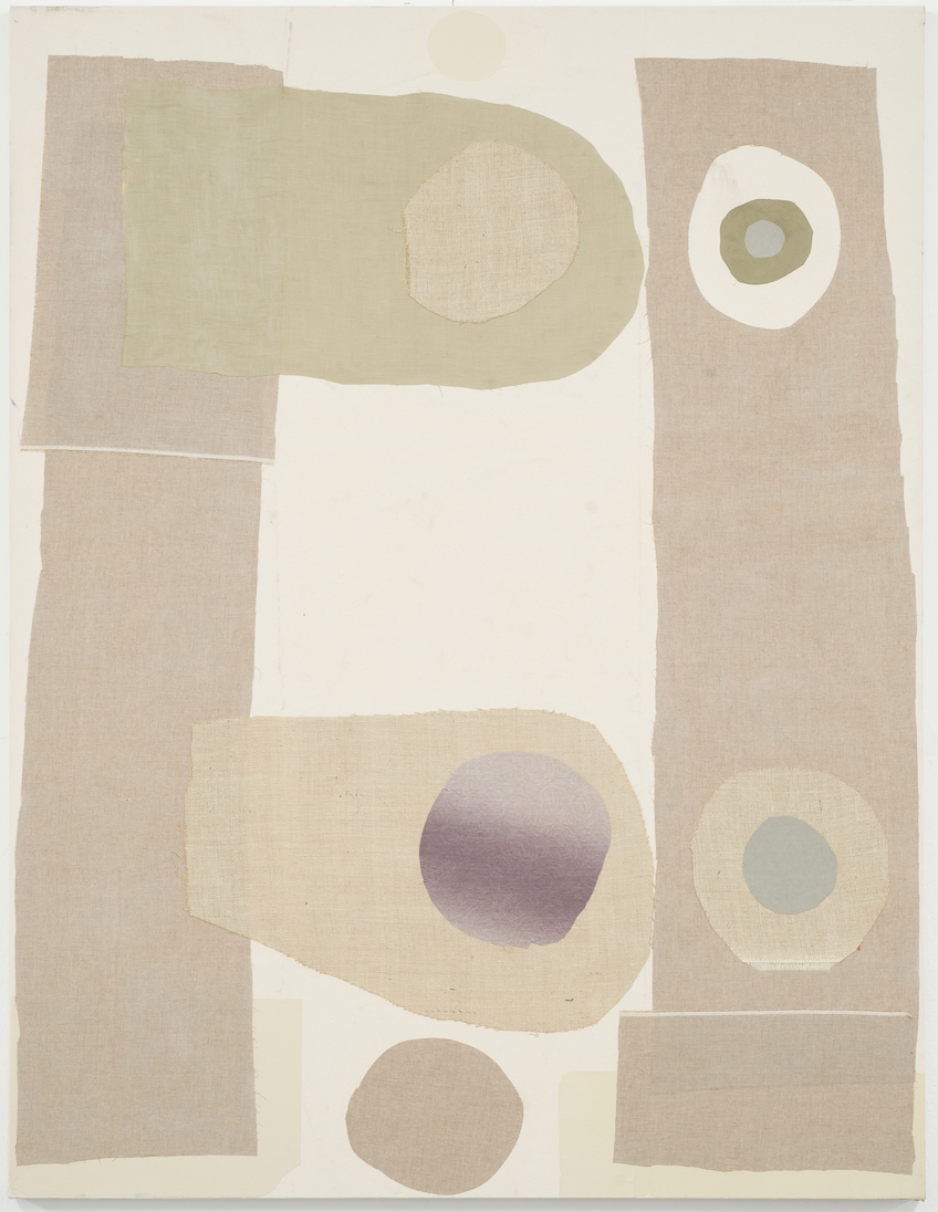 Finger, Nose, Thumb, 2015 | Fabric, paper, acrylic on raw canvas,  60'' x 46'' 